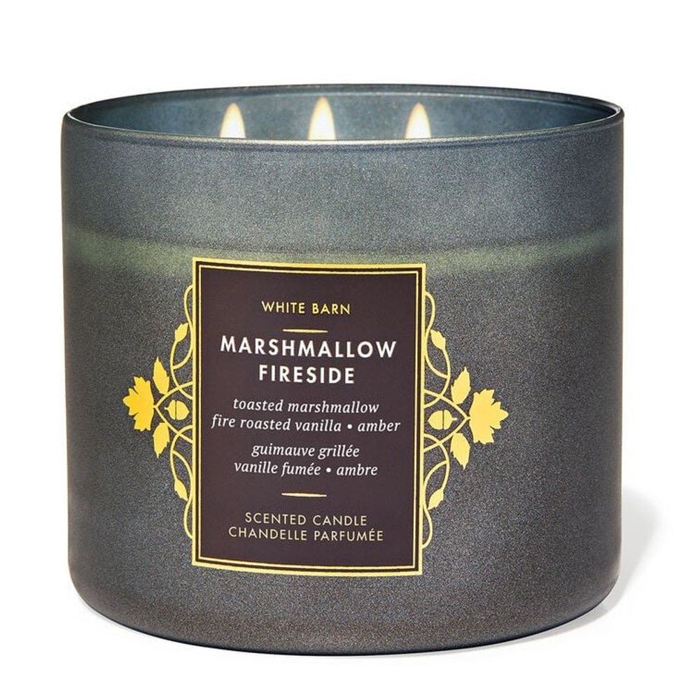 marshmallow fireside bath and body works candle in a grey jar