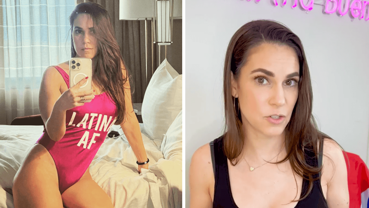 Martha Bueno in a bathing suit that says "LATINA AF". Right: A screenshot of Martha Bueno in a video on her Instagram.