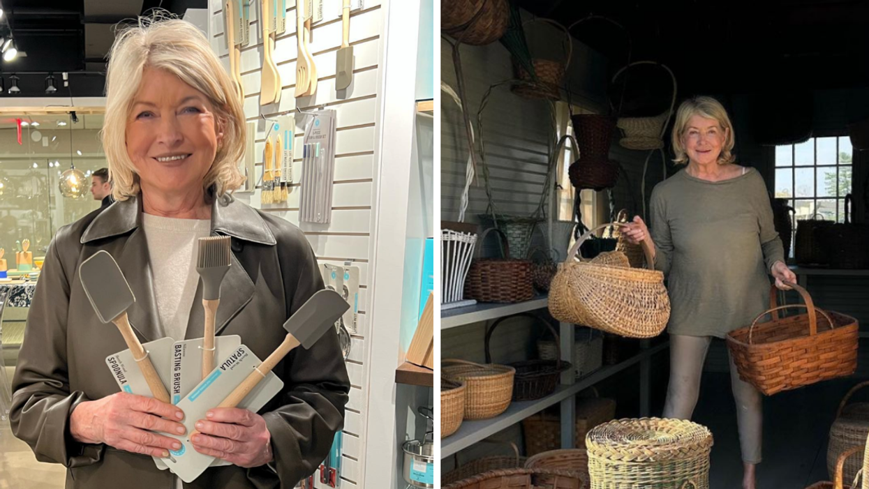 Martha Stewart holding utensils. Right: Stewart holding baskets.