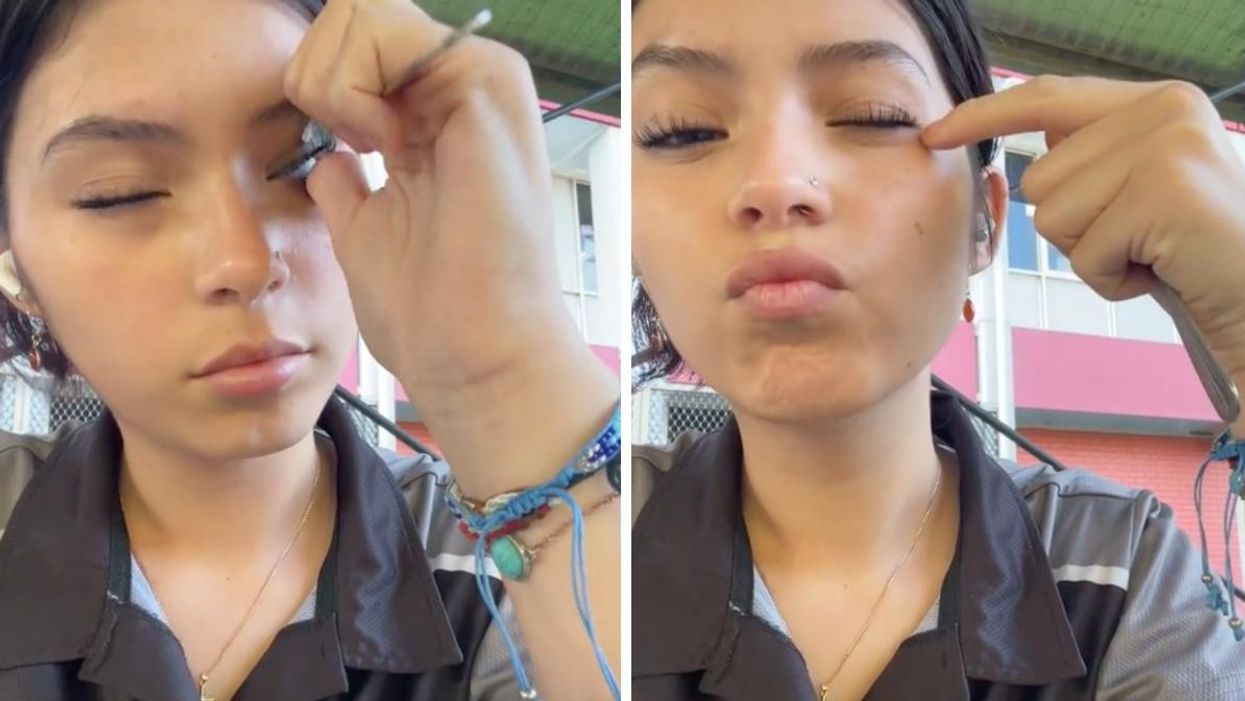 Martina Olivera curling her lashes with a spoon.