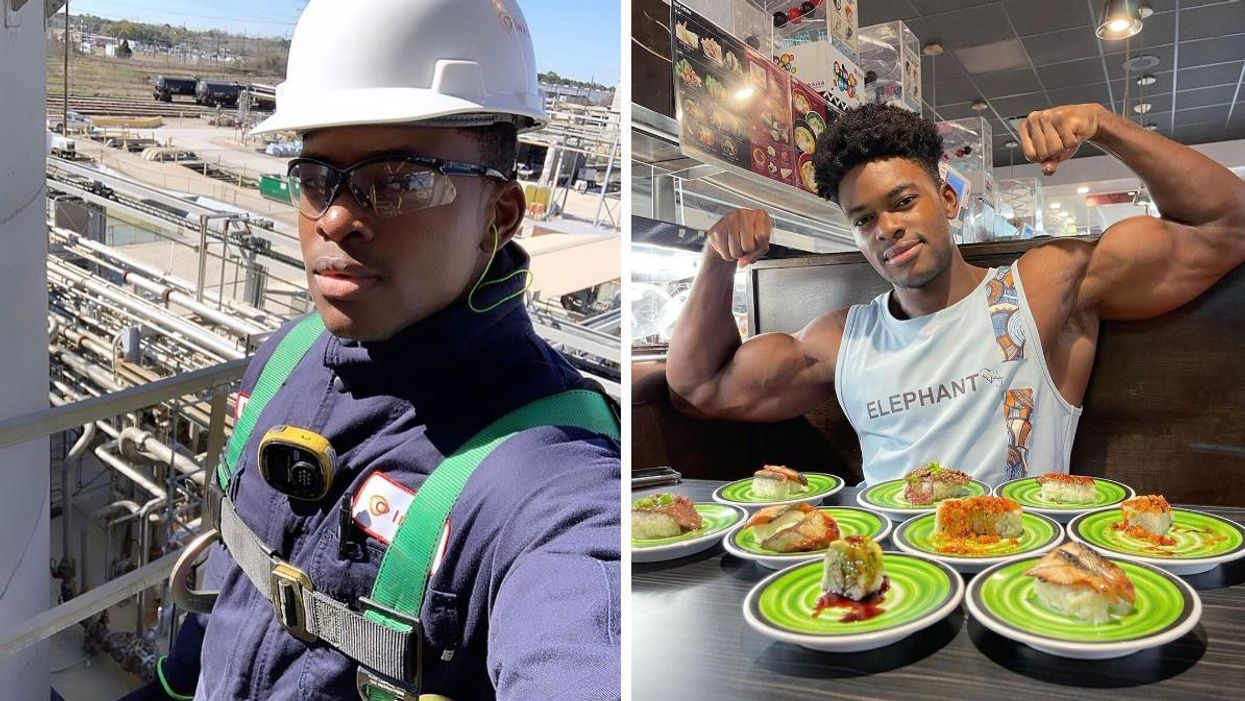 Marvin Achi at work as a chemical processing engineer. Right: Achi poses with plates of sushi in Houston, TX.