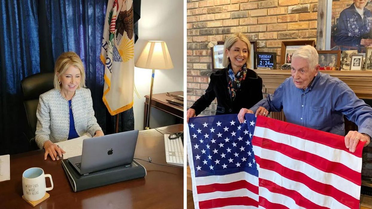 Mary Miller in her office. Right: Mary Miller with a former member of the American army.