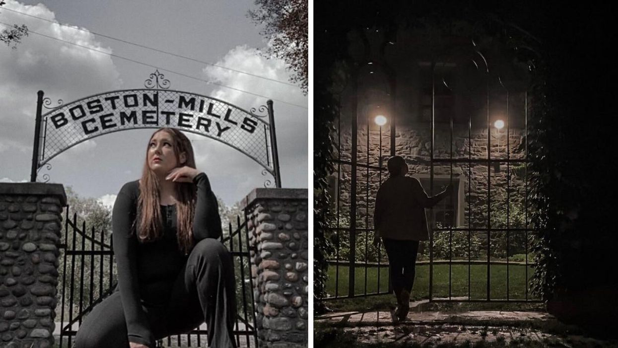 Maryk sitting front of a cemetery. Right: Maryk standing by Milton Town Hall.