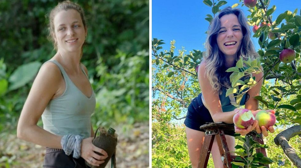 Maryse Lauzon souriant en regardant au loin. Droite : Maryse Lauzon souriant avec des pommes dans les mains.