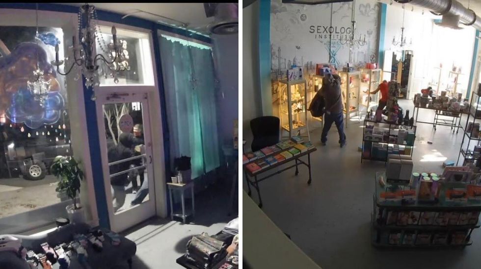 Masked men breaking into the Sexology Institute. Right: The men stealing merchandise from display cases.