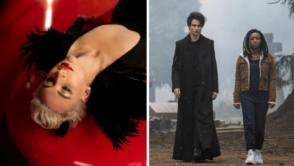 Mason Alexander Park as Desire in "Sandman." Right: Tom Sturridge as Dream and Kyo Ra as Rose Walker in "Sandman."