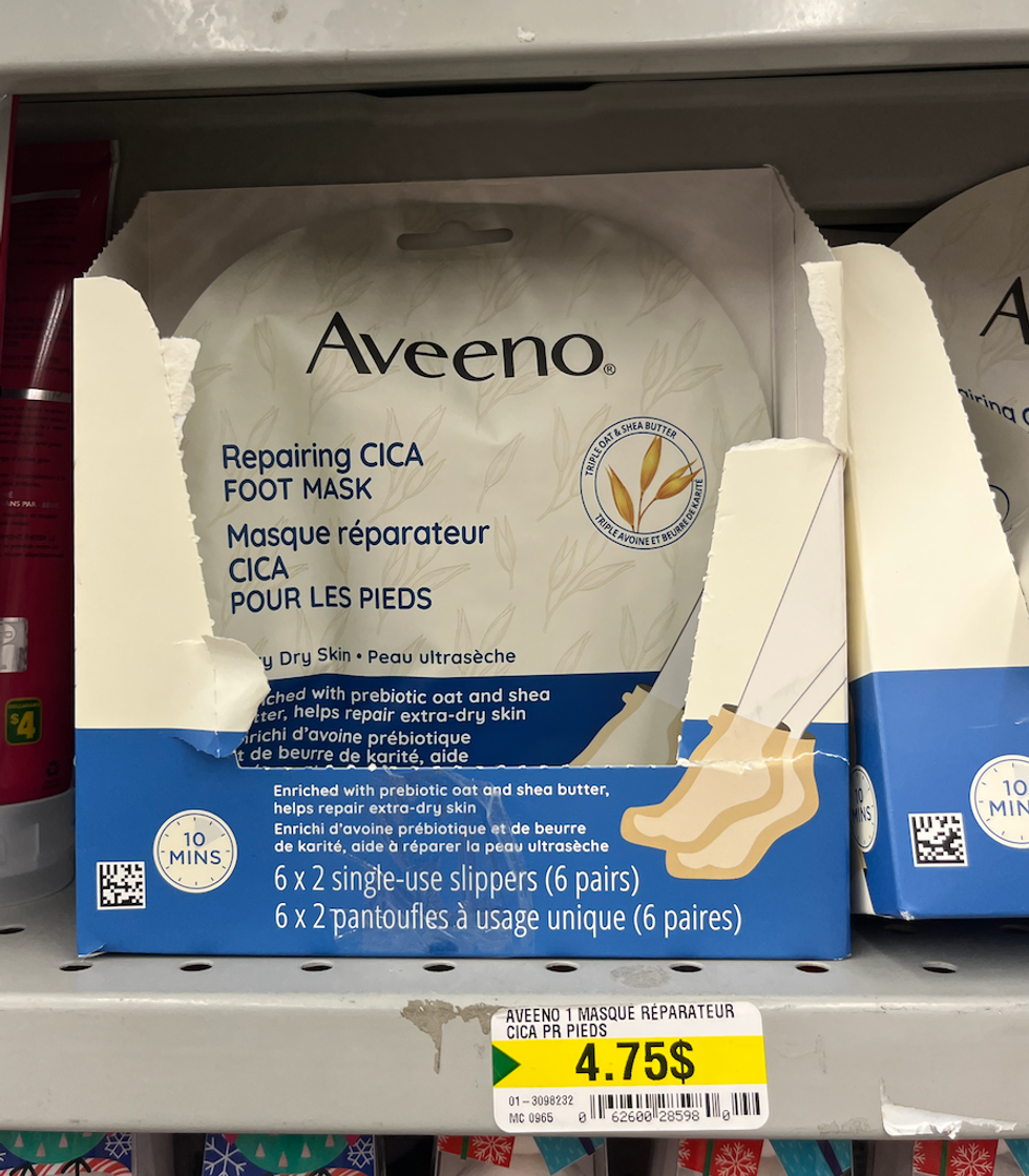 Masque r\u00e9parateur CICA pour les pieds d'Aveeno au Dollarama.