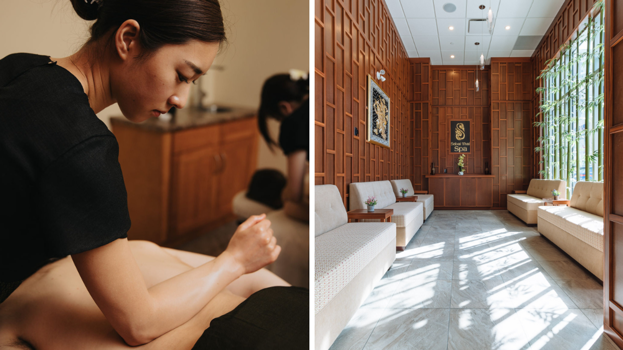 Massage therapist performing traditional Thai massage on a client in a calm spa setting. Right: Spacious and sunlit lobby of Sabai Thai Spa with wooden panel walls and comfortable seating.