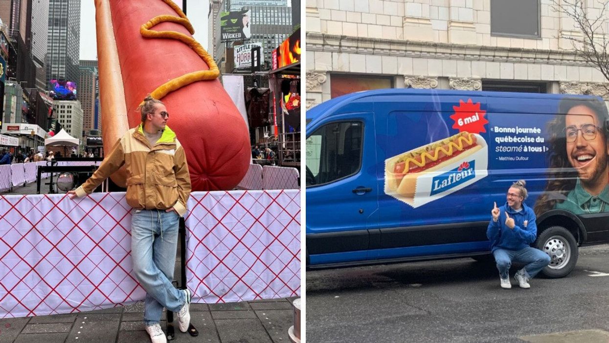 Math Duff devant un hot-dog géant. Droite : Math Duff devant un camion de hot-dogs Lafleur.
