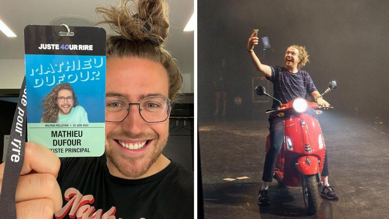 Mathieu Dufour au festival Juste pour rire. Droite : L'humoriste québécois Mathieu Dufour.