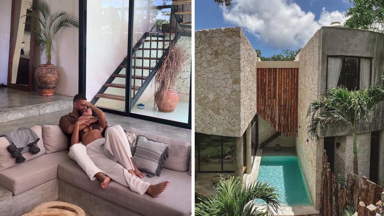 Mathieu Dufresne et Amanda Boily P. de L'île de l'amour. Droite : Villa au Mexique à louer sur Airbnb.