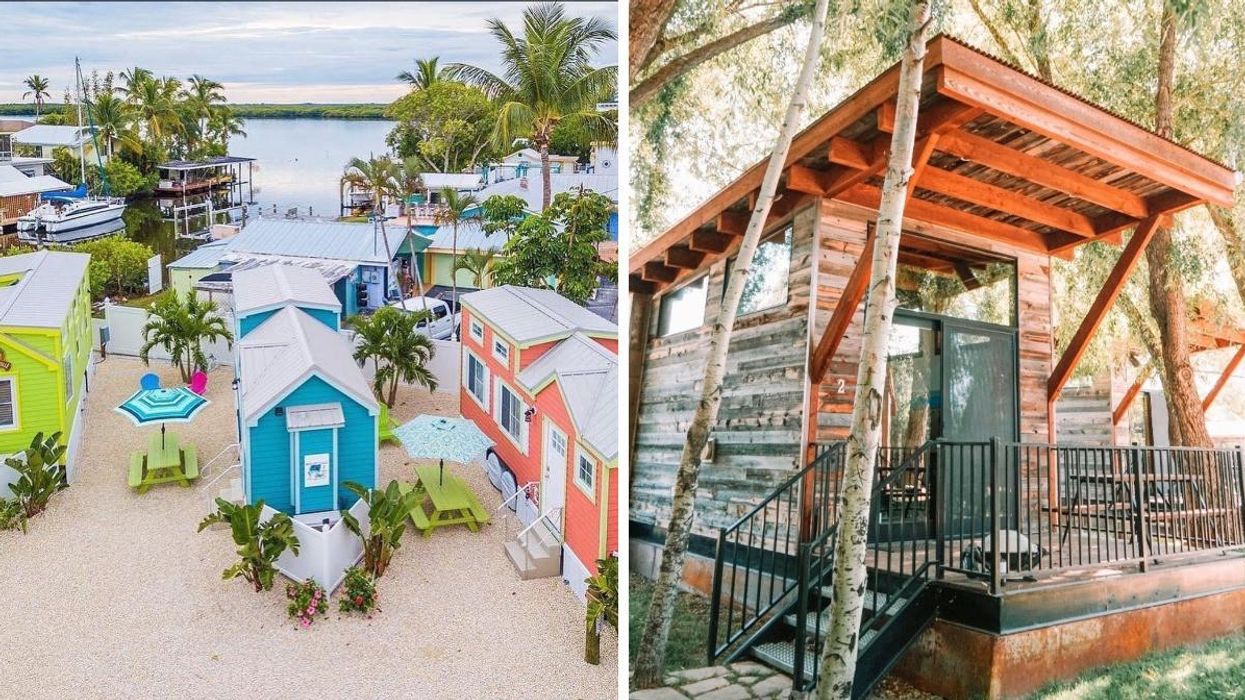 Matlacha Tiny Village on the Florida coast. Right: A cabin at the Fireside Resort.