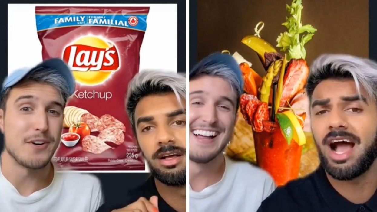 Matt and Omar with a bag of ketchup chips in the background. Right: Matt and Omar with a Bloody Caesar cocktail in the background.