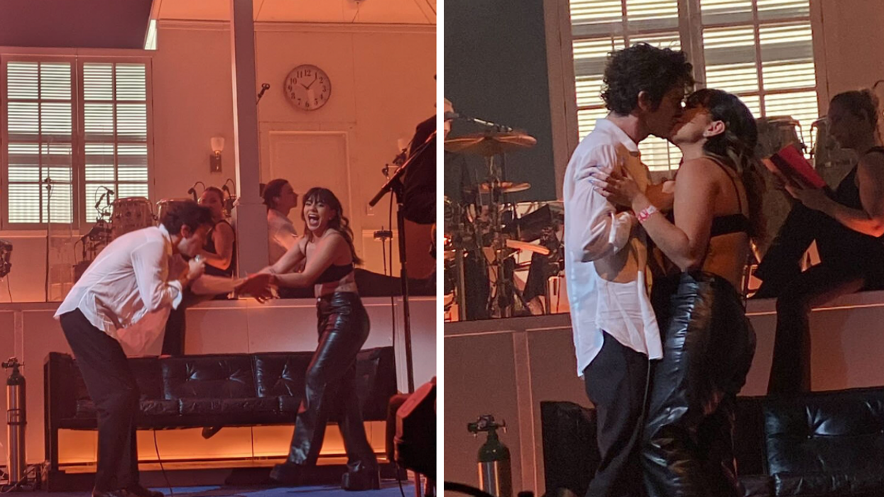 Matt Healy and Isabella Alfie kiss on stage.