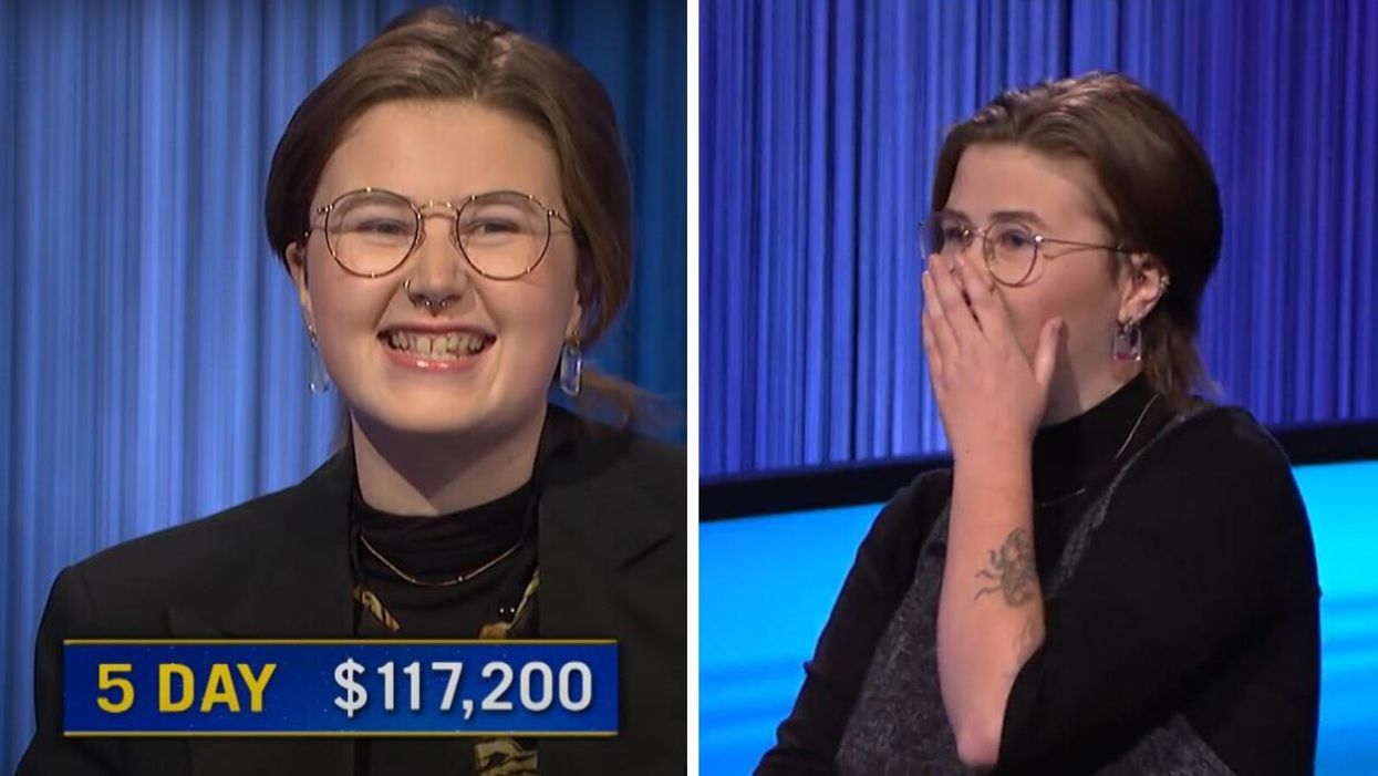 Mattea Roach with her latest winnings of US$117,200. Right: Roach in shock from a previous episode.