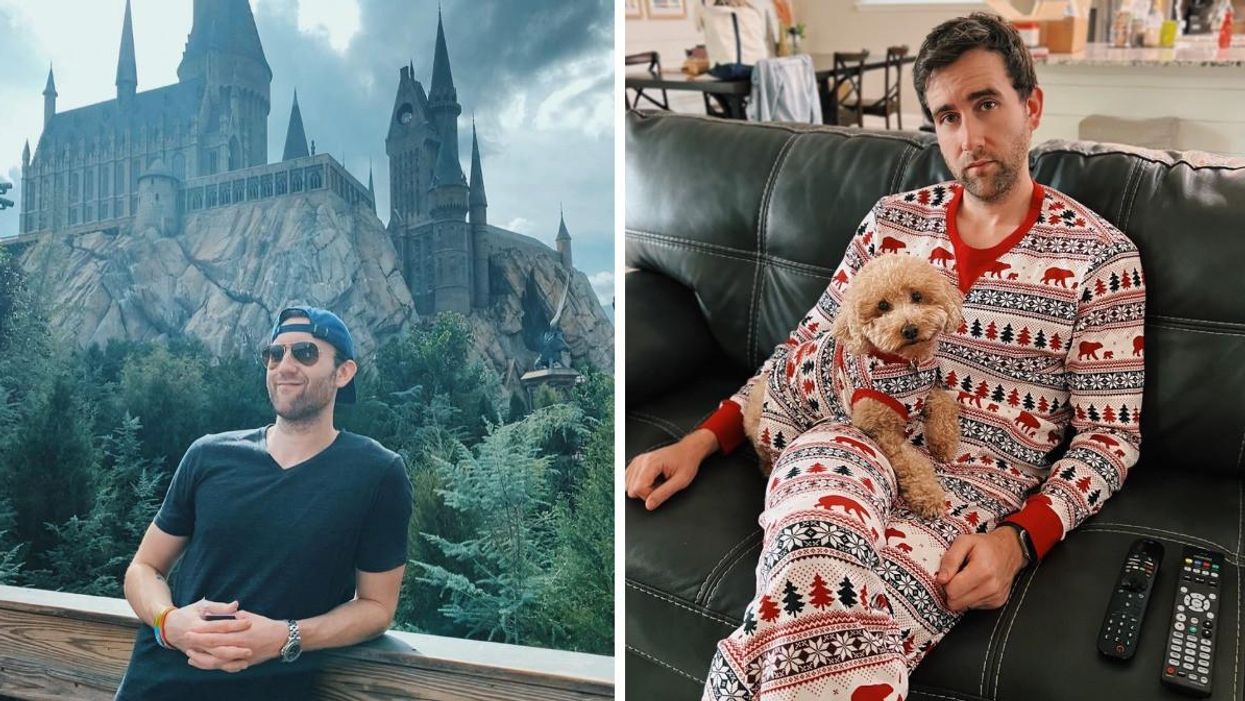 Matthew Lewis at Harry Potter World. Right: Matthew Lewis and his dog.