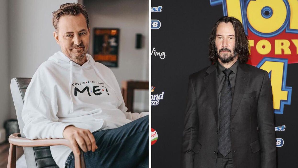 Matthew Perry. Right: Keanu Reeves at the premiere of 'Toy Story 4' in Los Angeles.