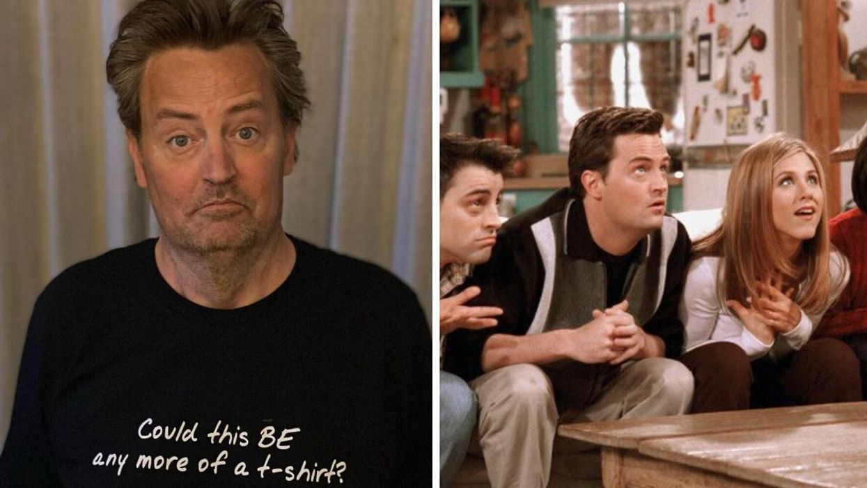 Matthew Perry. Right: Matthew Perry in a scene from 'Friends' with Matt LeBlanc and Jennifer Aniston.