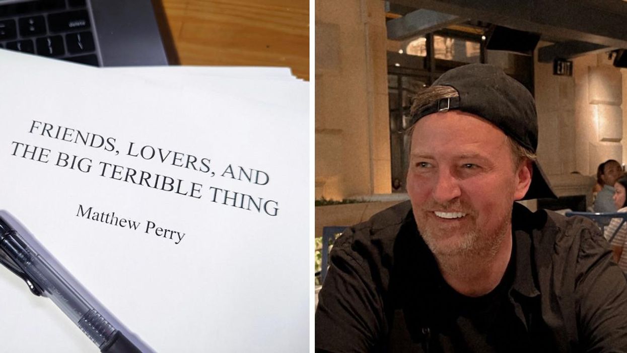 Matthew Perry's manuscript for Friends, Lovers, And The Big Terrible Thing. Right: Matthew Perry smiling.