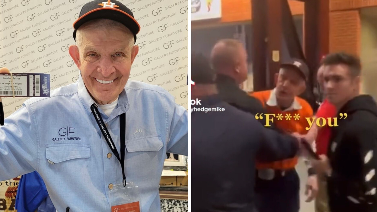 Mattress Mack holding Houston Astros tickets. Right: Mattress Mack cursing in the viral TikTok.