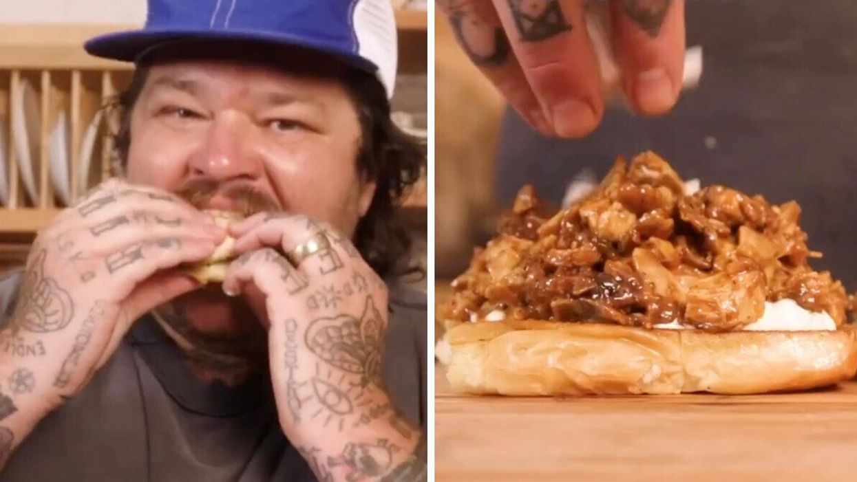 Matty Matheson biting into a sandwich. Right: A Yummy K Sandwich.