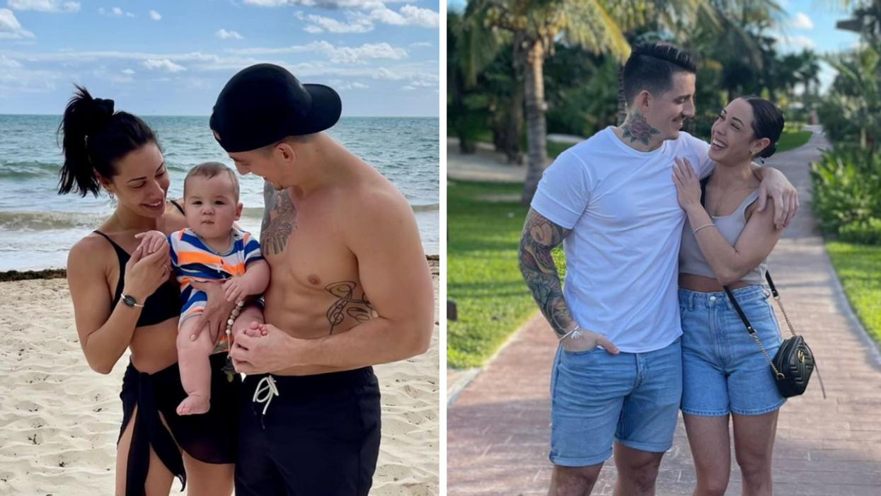 Maude Lavoie d’OD et Jerry Blackburn avec un bébé sur une plage. Droite : Maude et Jerry marchent dans un parc.