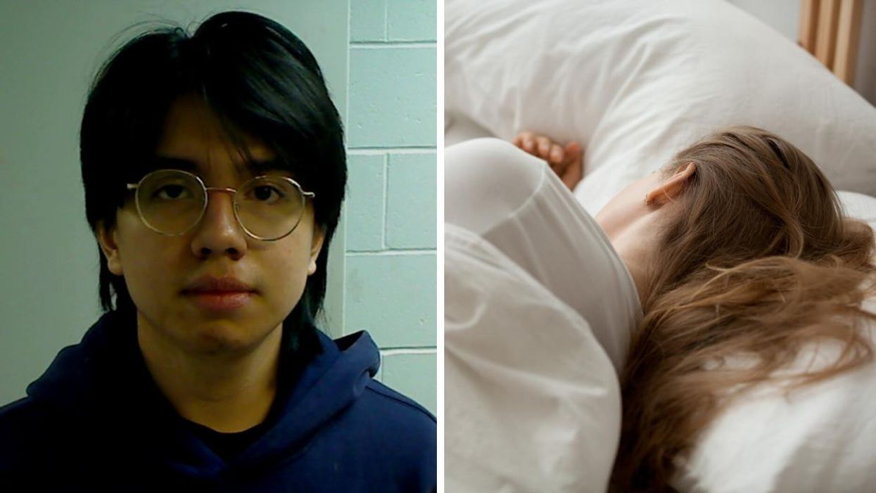 Mauricio Damian Guerrero. Right: A woman sleeping in bed.