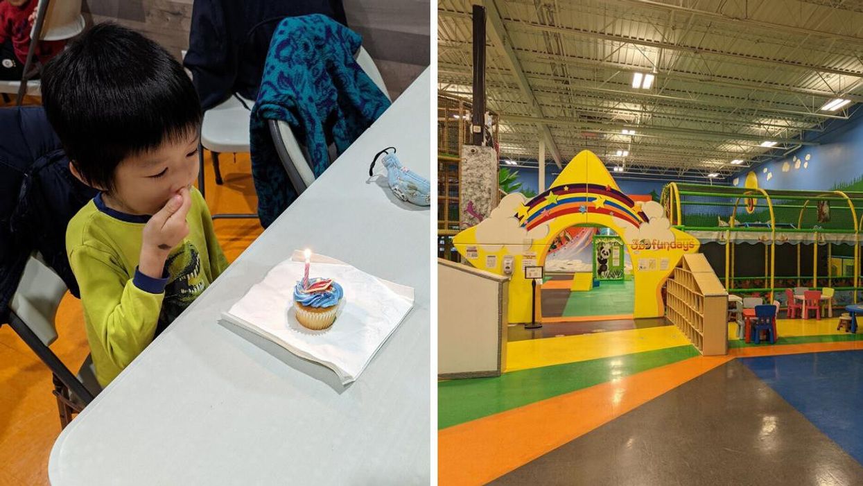 Max Chen at his birthday party in front of a cupcake with a birthday candle on it. Right: Indoor playground.