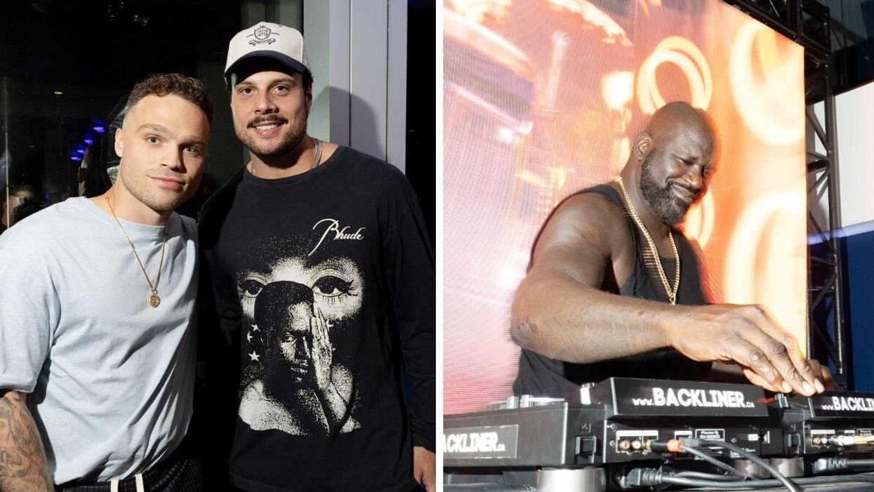 Max Domi and Auston Matthews at TIFF 2023 event. Right: Shaquille O'Neal as DJ Diesel at a Toronto International Film Festival event.