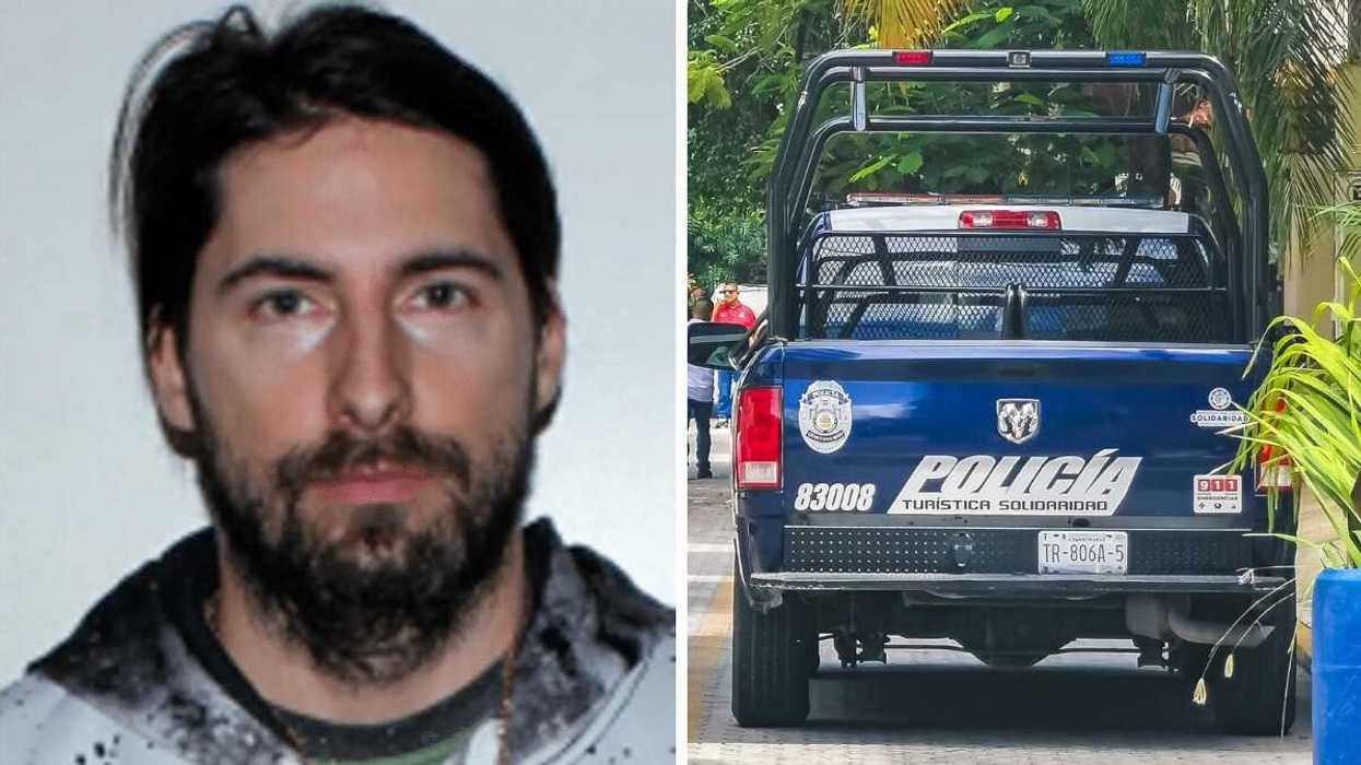 Maxime Paquette. Droite : Une voiture de police de la Police de Quintana Roo au Mexique.
