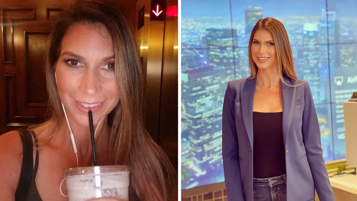Maya Vander with a cup in her hand. Right: Maya Vander in professional-wear to show a listing.