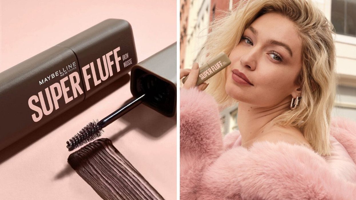 Maybelline Superfluff Brow Mousse packaging. Right: Gigi Hadid poses with Superfluff Brow Mousse.