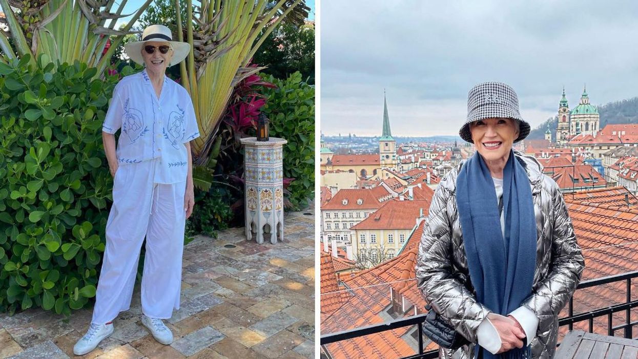 Maye Musk posing in front of greenery. Right: Maye Musk in front of the Prague skyline.