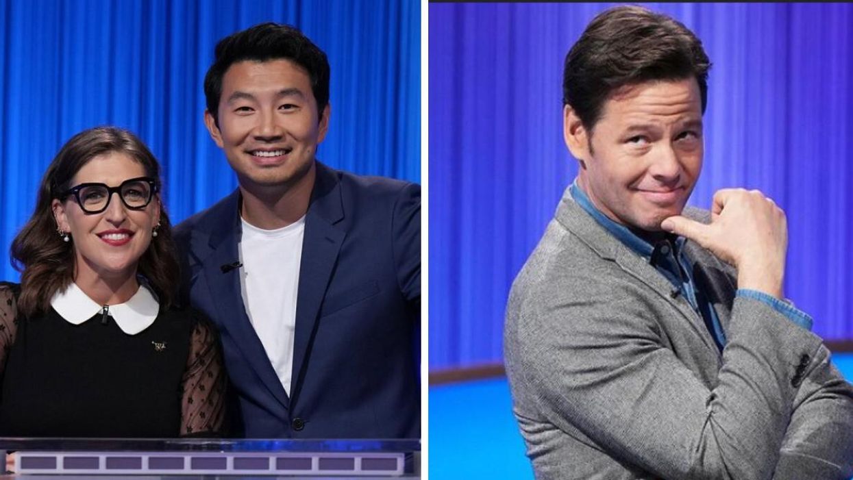 Mayim Bialik and Simu Liu on 'Celebrity Jeopardy!' Right: Ike Barinholtz.