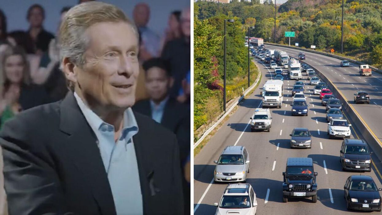 Mayor John Tory at a campaign event. Right: Traffic on the Don Valley Parkway.