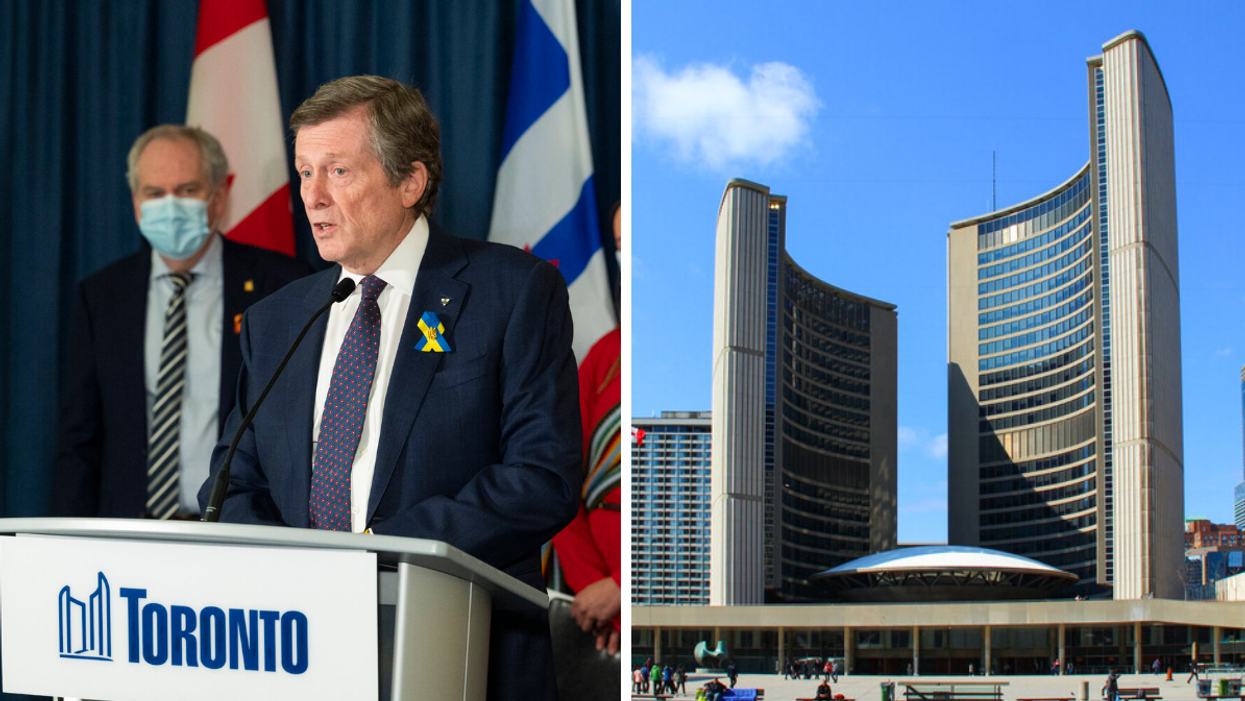 Mayor John Tory. Right: Toronto City Hall.