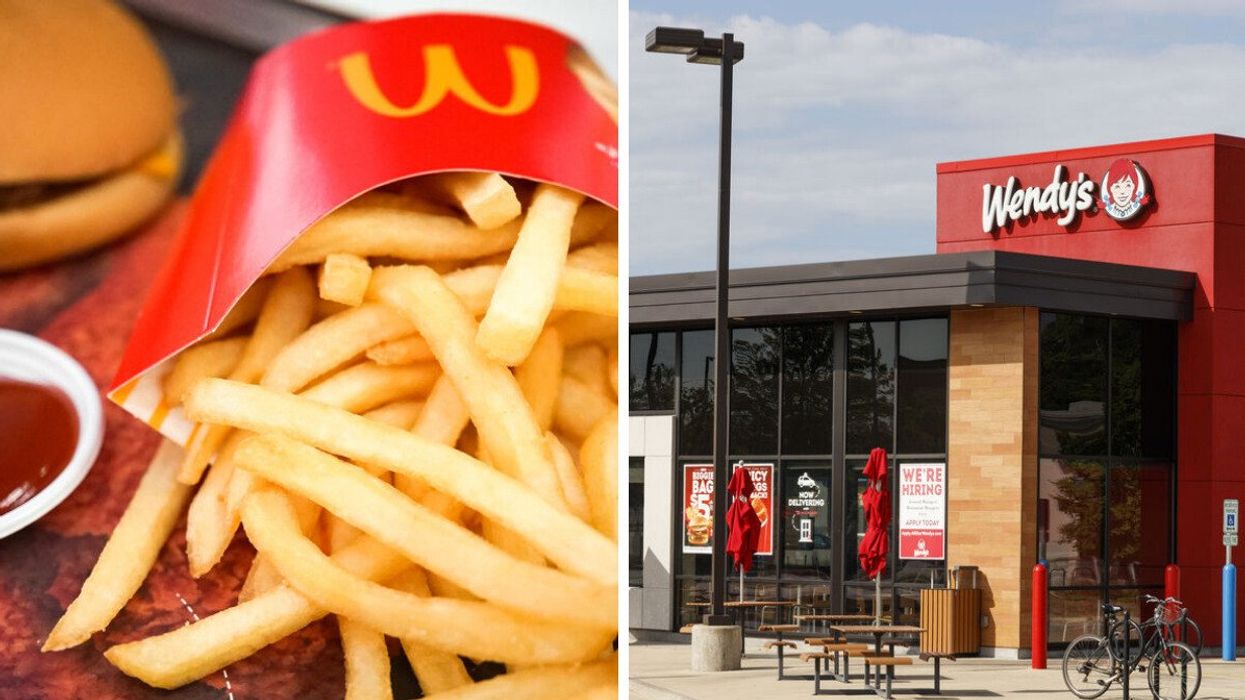 McDonald's French fries. Right: A Wendy's restaurant.