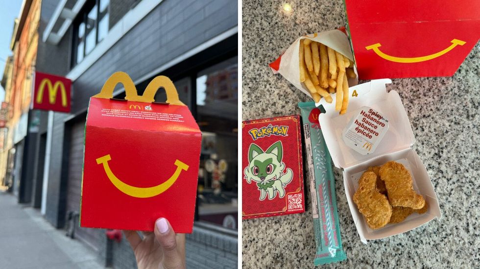 McDonald's Happy Meal box. Right: McNuggets, fries, Pokemon cards, yogurt in a tube, and spicy habanero sauce.