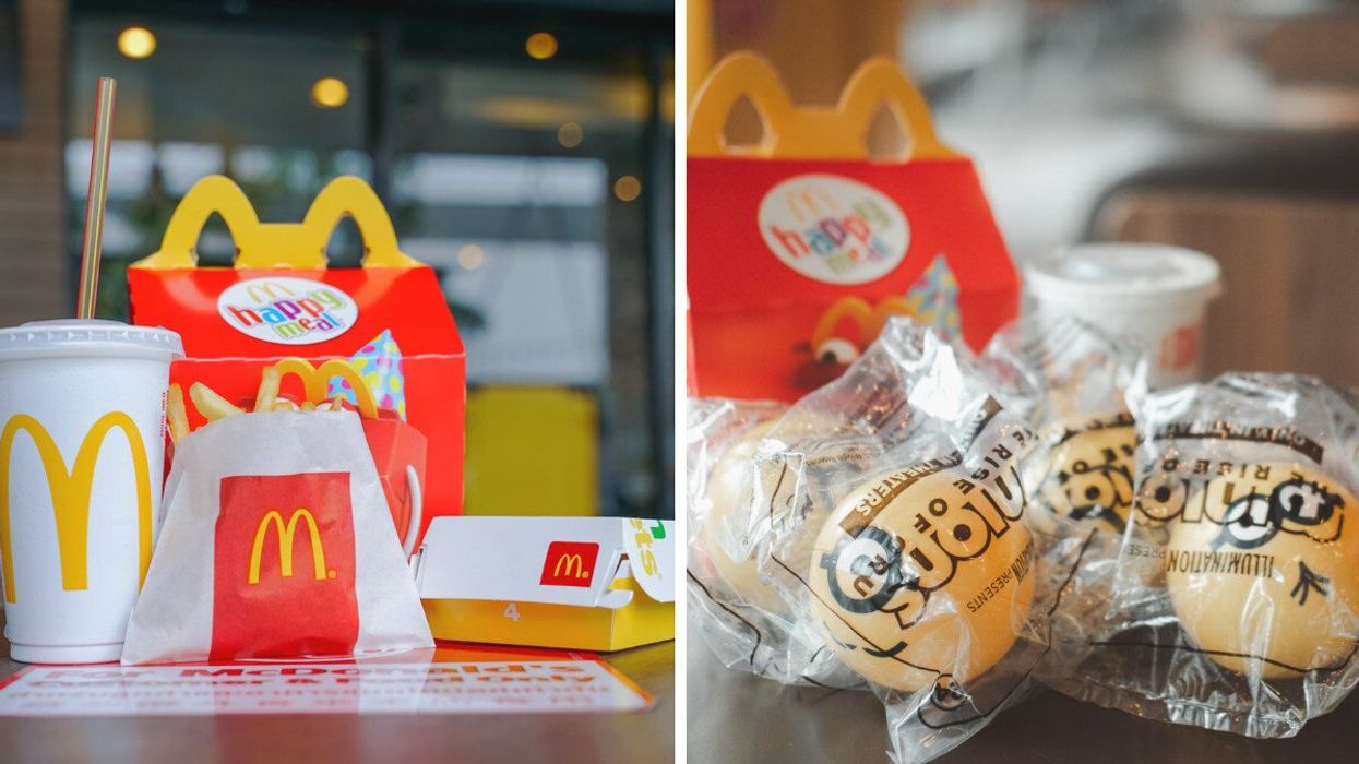 McDonald's Happy Meal. Right: Minions toys from a McDonald's Happy Meal.