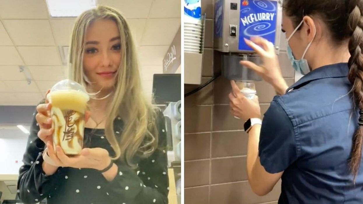 McDonald's manager showing secret menu item. Right: McDonald's employee making a McFlurry.