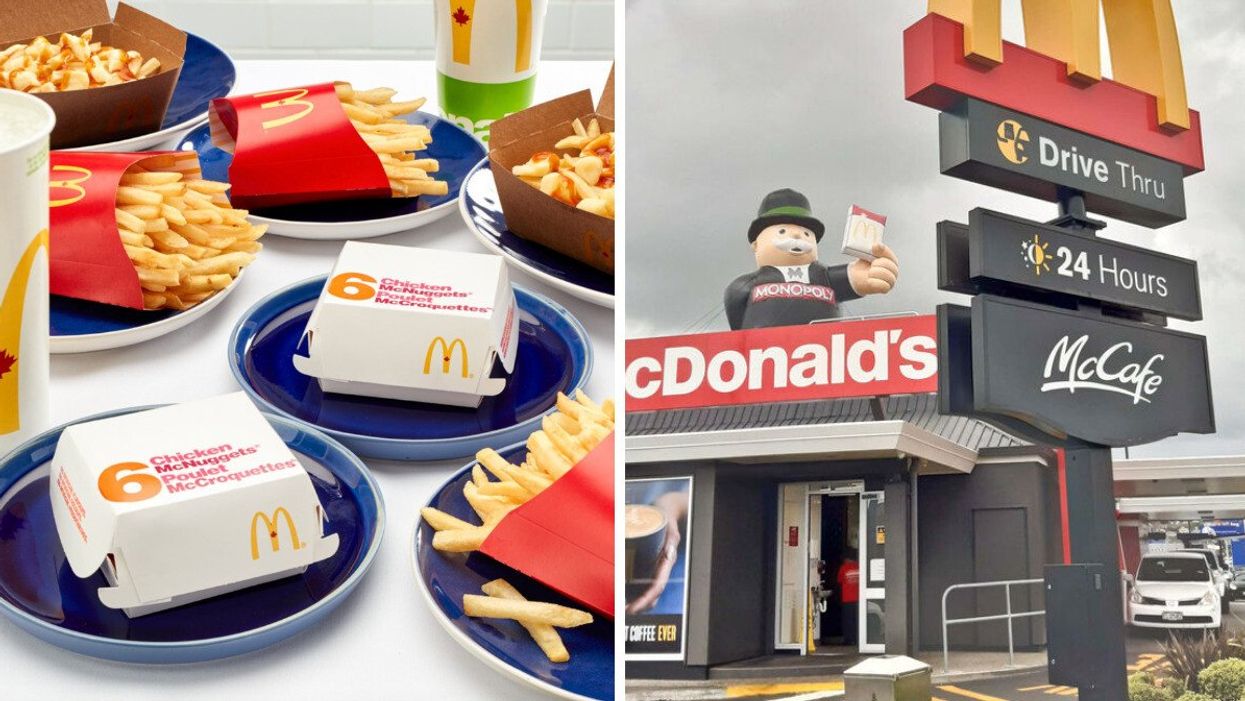 McDonald's meals. Right: Mr. Monopoly on a McDonald's roof.