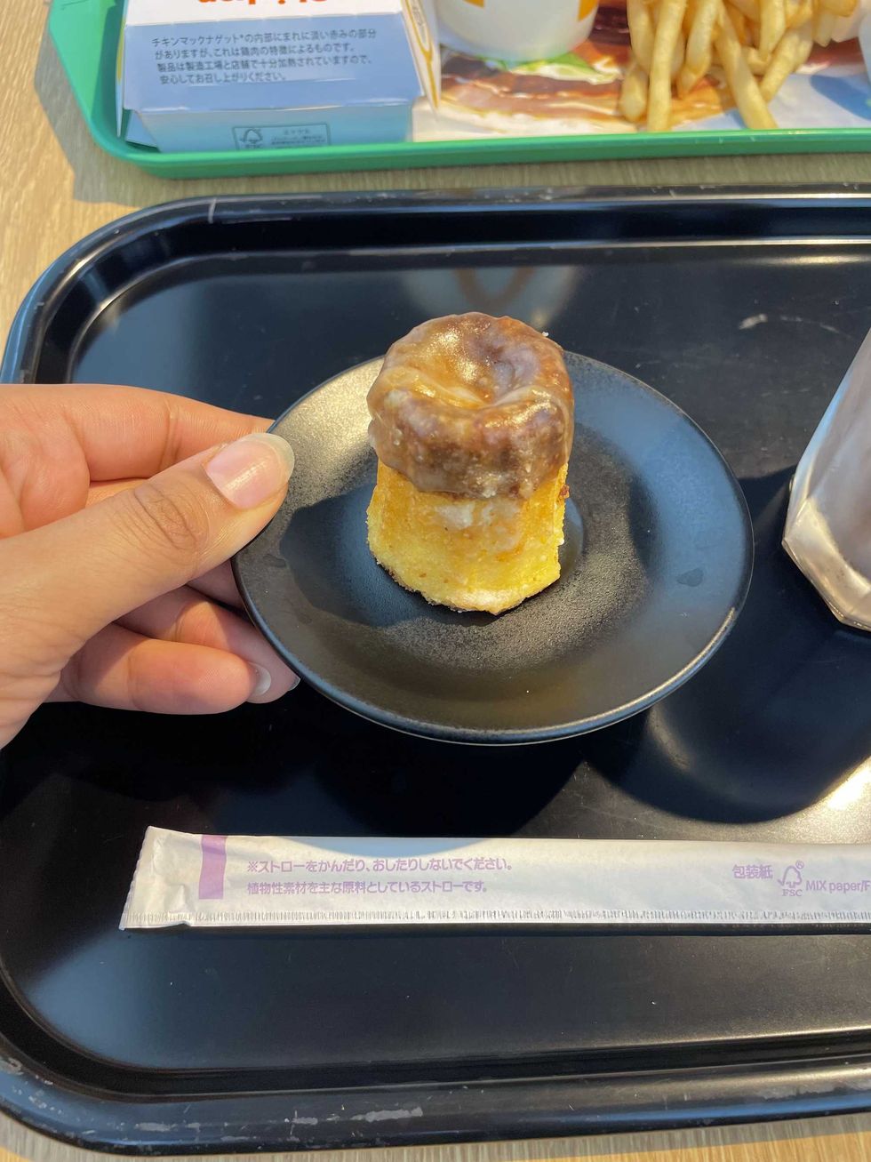 McDonald's Pudding Cake on a black plate.