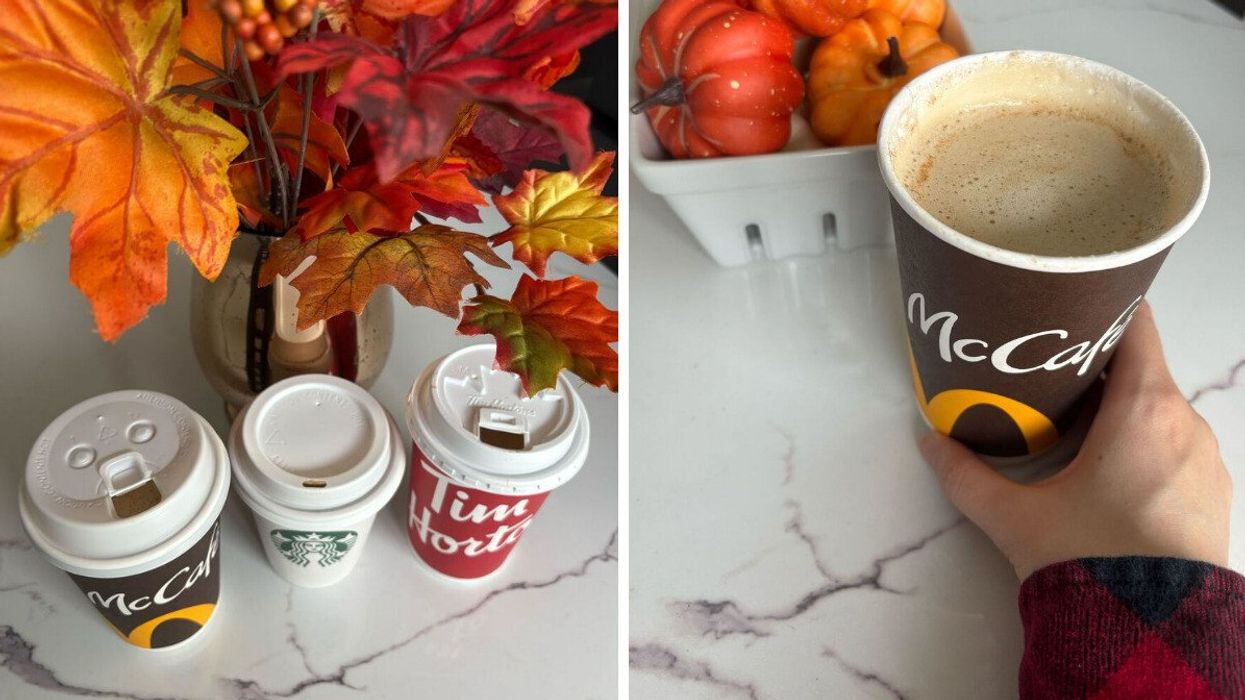 mcdonald's, starbucks and tim hortons cups on a table with fall foliage. right: person holding a mcdonald's mccafe psl