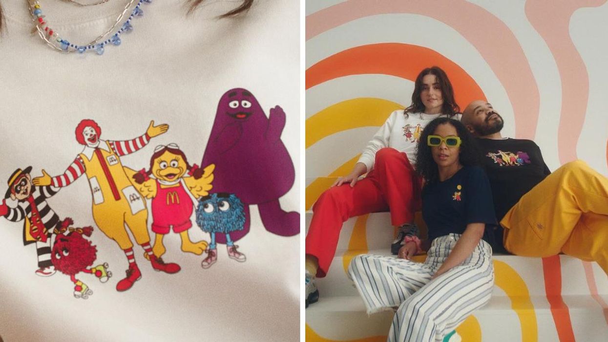 McDonald's x Peace Collective merch featuring Grimace, Ronald McDonald and Hamburglar. Right: Models wearing the new merch.