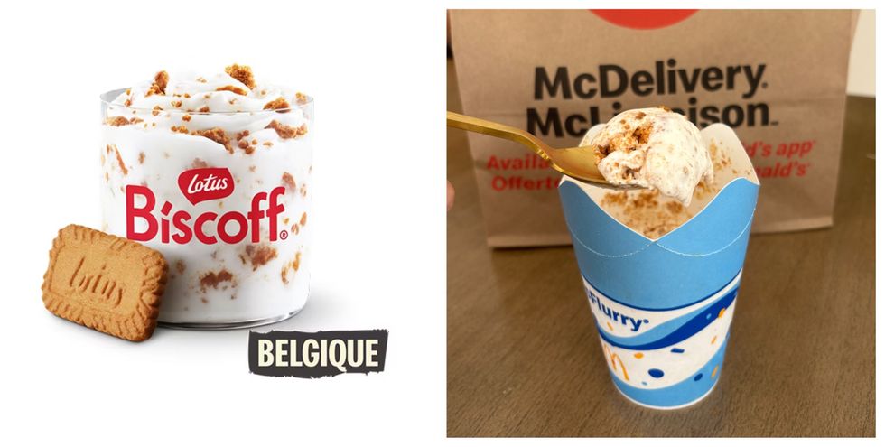 McFlurry Biscoff sur le site du McDonald's. Droite : Le McFlurry Biscoff avec une cuill\u00e8re dedans.