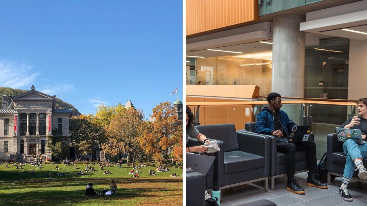 McGill University campus in the fall. Right: Students at the University of Ottawa.