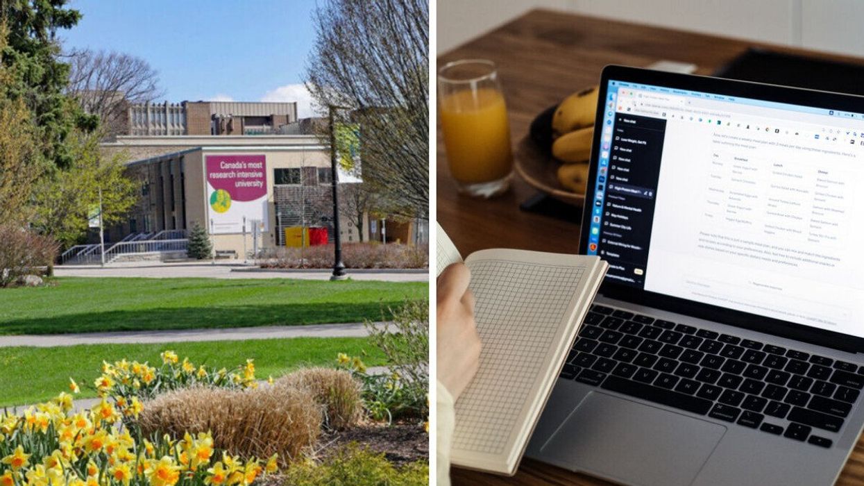 McMaster University campus. Right: A student using Chat GPT.