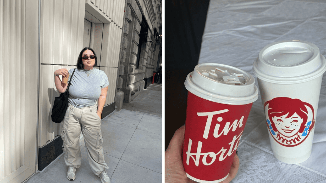Me holding a coffee. Right: Tim Hortons and Wendy's Coffee.