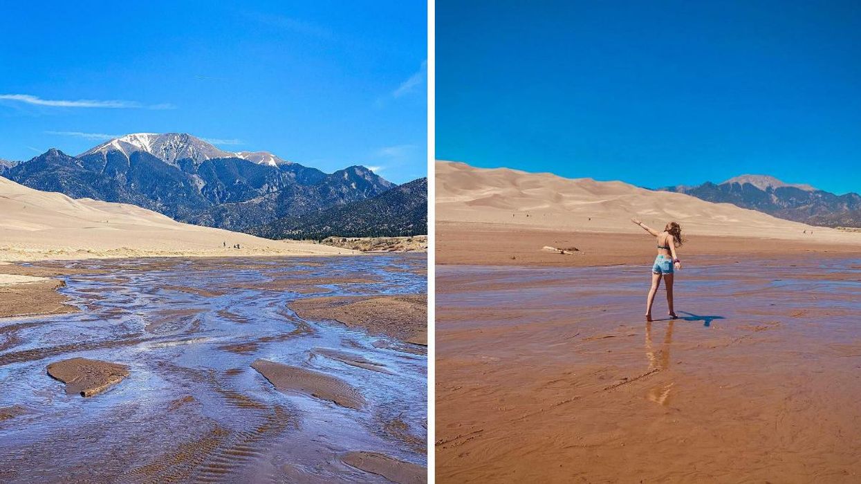 Medano Creek with snowy mountains in the background. Right: A woman at Medano Creek.