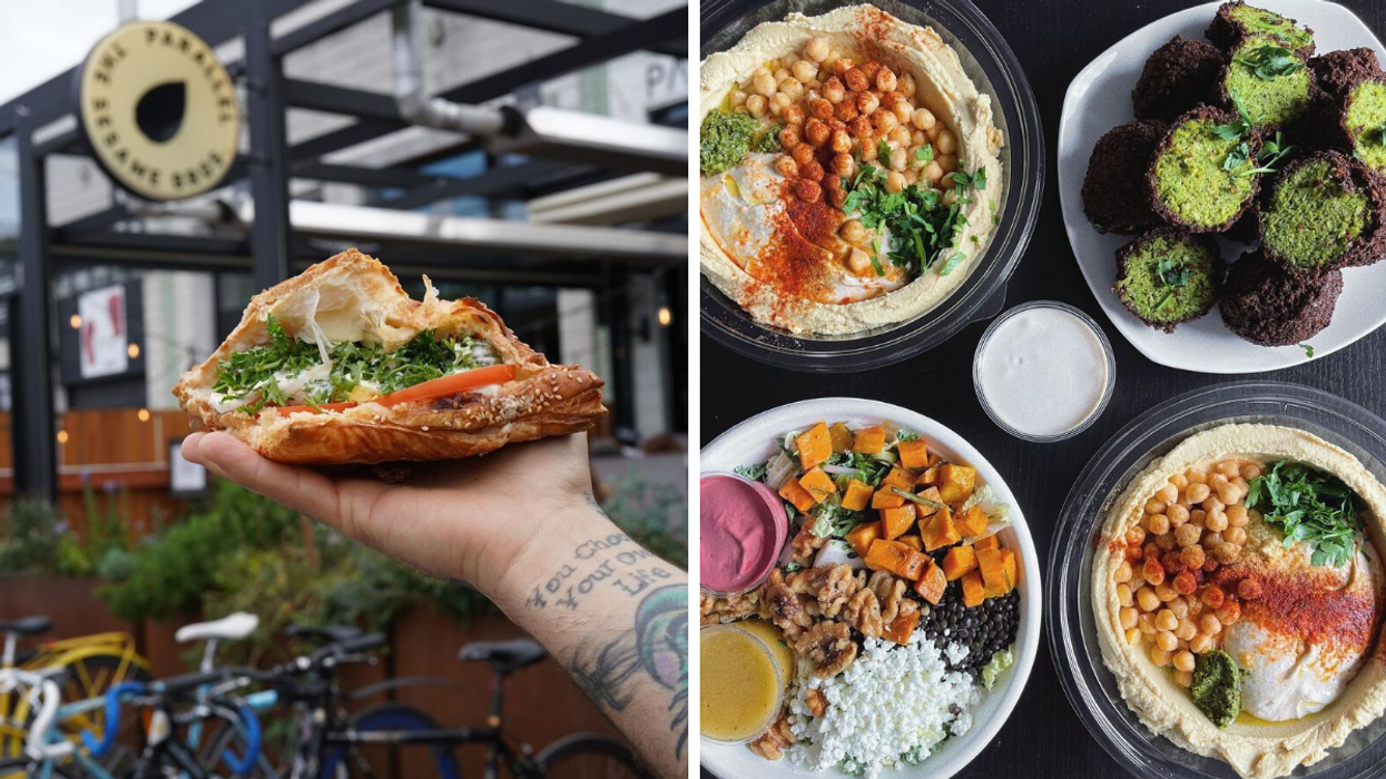 Mediterranean brunch outside of Parallel. Right: Bowls of hummus and Middle Eastern eats.